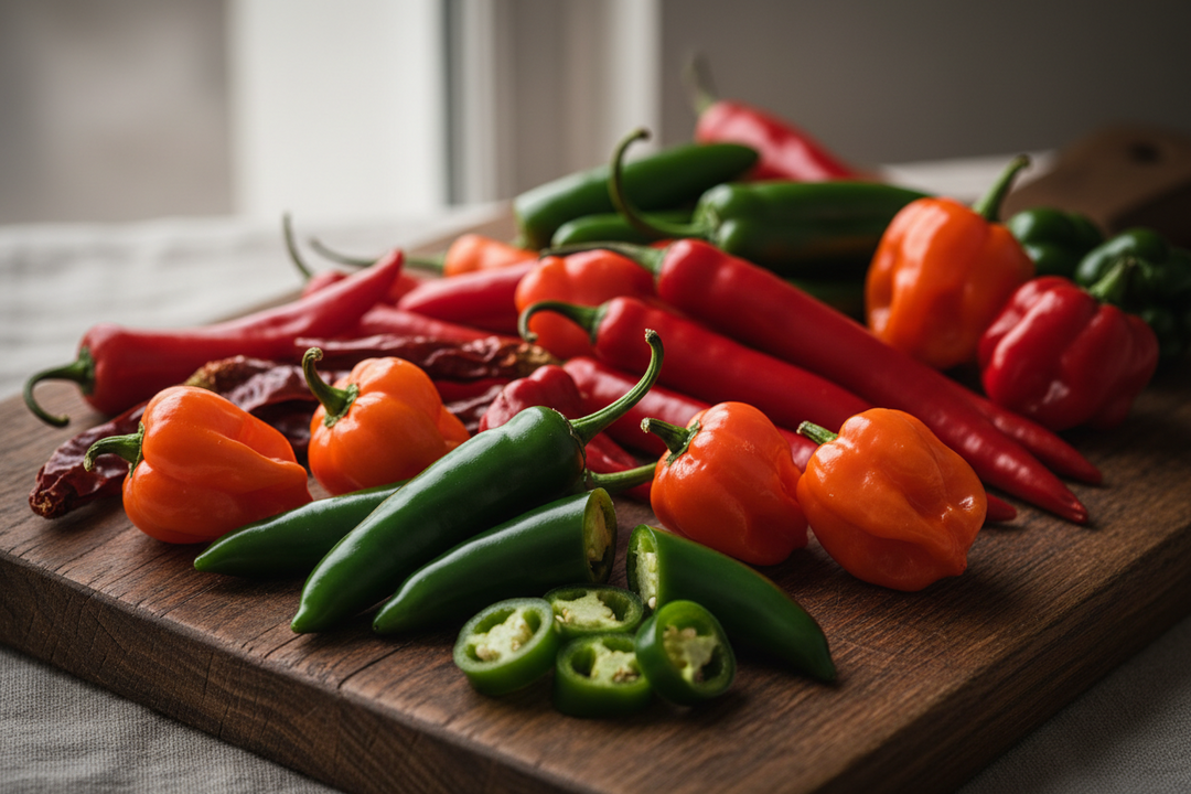 Dried chillies of several varieties laid out in rows on a wooden board beside a small bowl of chilli flakes.