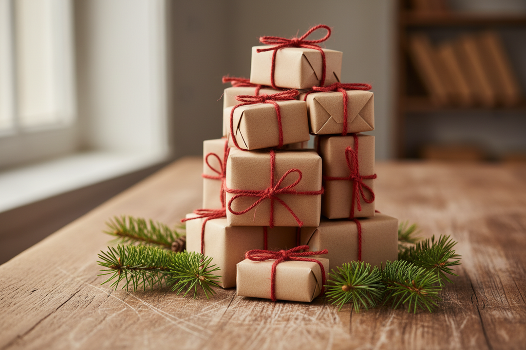 Brown paper wrapped gifts tied with string and a sprig of greenery on a rustic wooden table.