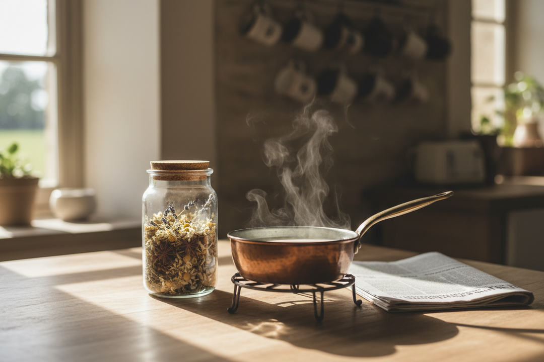 A farmhouse kitchen table on a Sunday afternoon with a bowl of fresh curds draining in a cloth and a bowl of chopped cabbage in chilli paste.