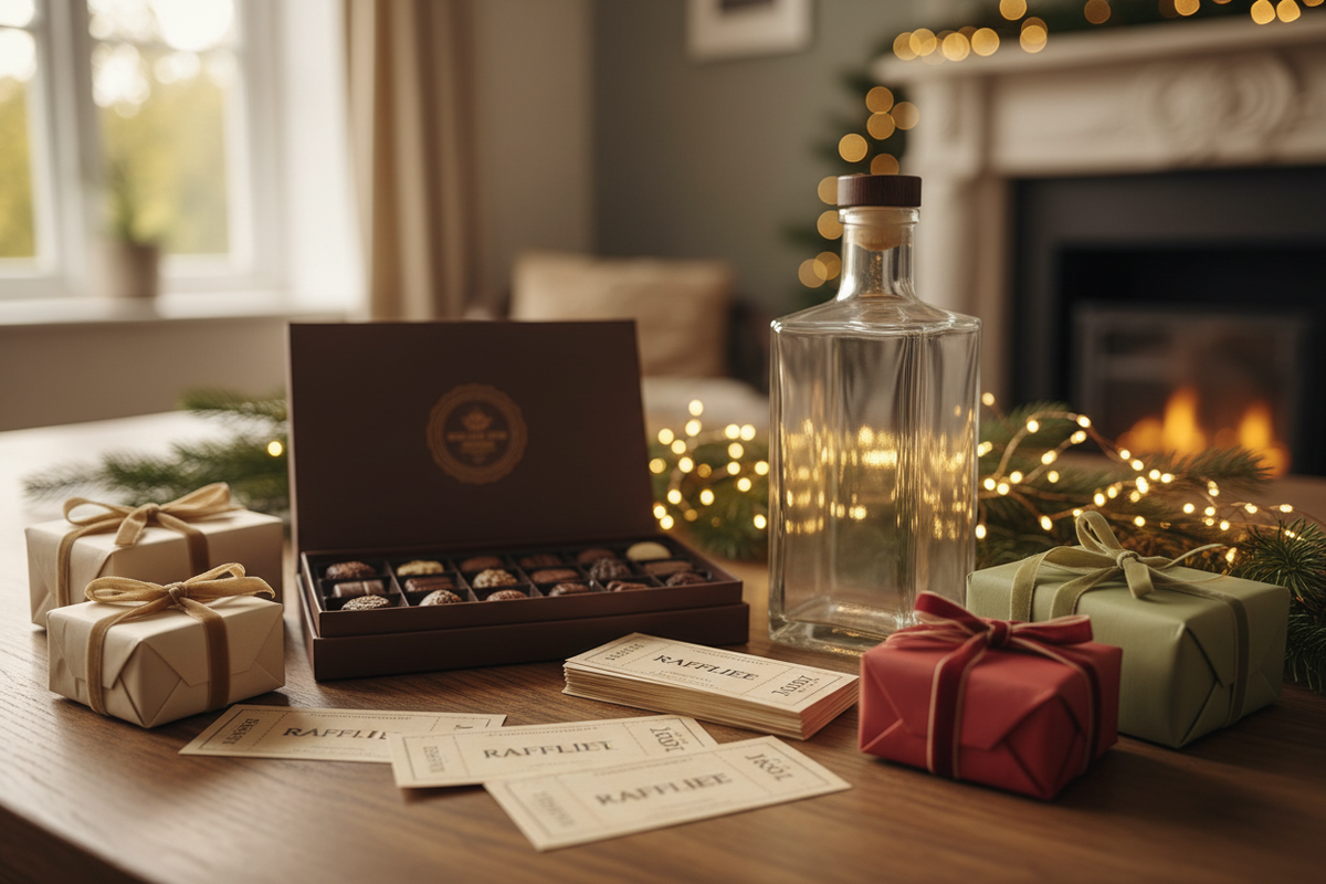 A glass of blue gin turning pink as tonic is poured, beside wrapped parcels and a bottle of spiced rum on a wooden table.