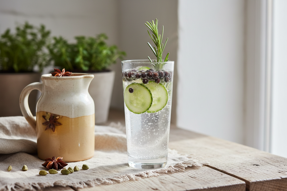 A tall glass of botanical tonic over ice with juniper berries and a twist of orange peel on a rustic wooden table.