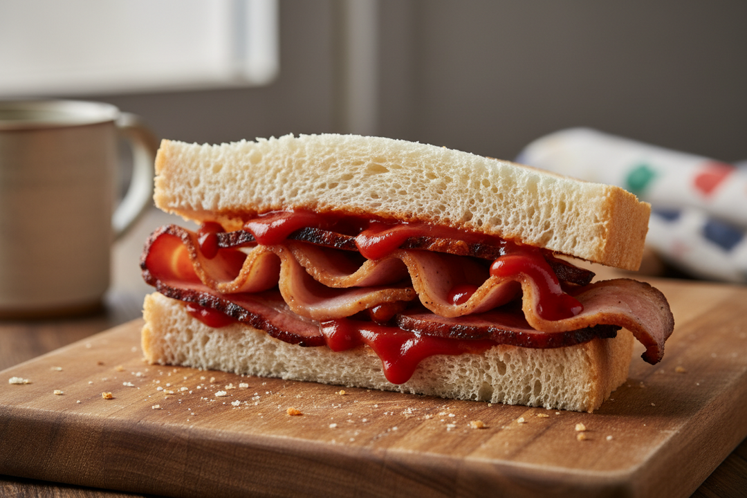 A bacon sandwich on soft white bread cut in half on a wooden board beside a cast iron frying pan.