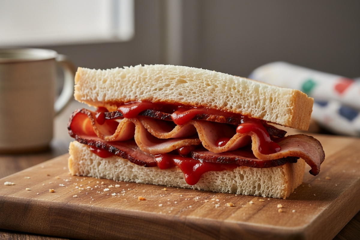 A bacon sandwich on soft white bread cut in half on a wooden board beside a cast iron frying pan.