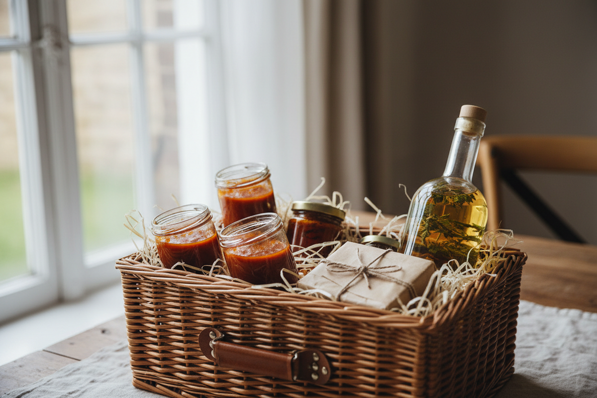 A wicker hamper packed with food gifts, jars and brown paper parcels on a farmhouse kitchen table.