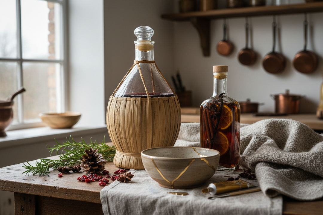 A demijohn of fruit wine, a jar of rum infusing with spices and a gold-repaired bowl on a rustic wooden table in winter light.