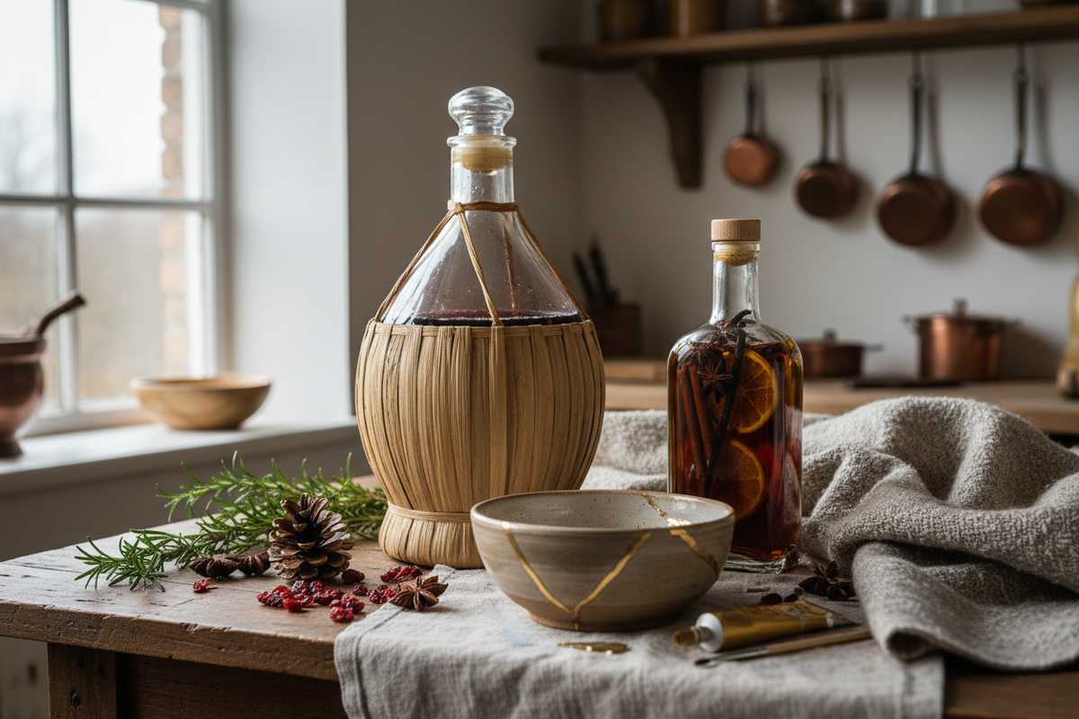 A demijohn of fruit wine, a jar of rum infusing with spices and a gold-repaired bowl on a rustic wooden table in winter light.