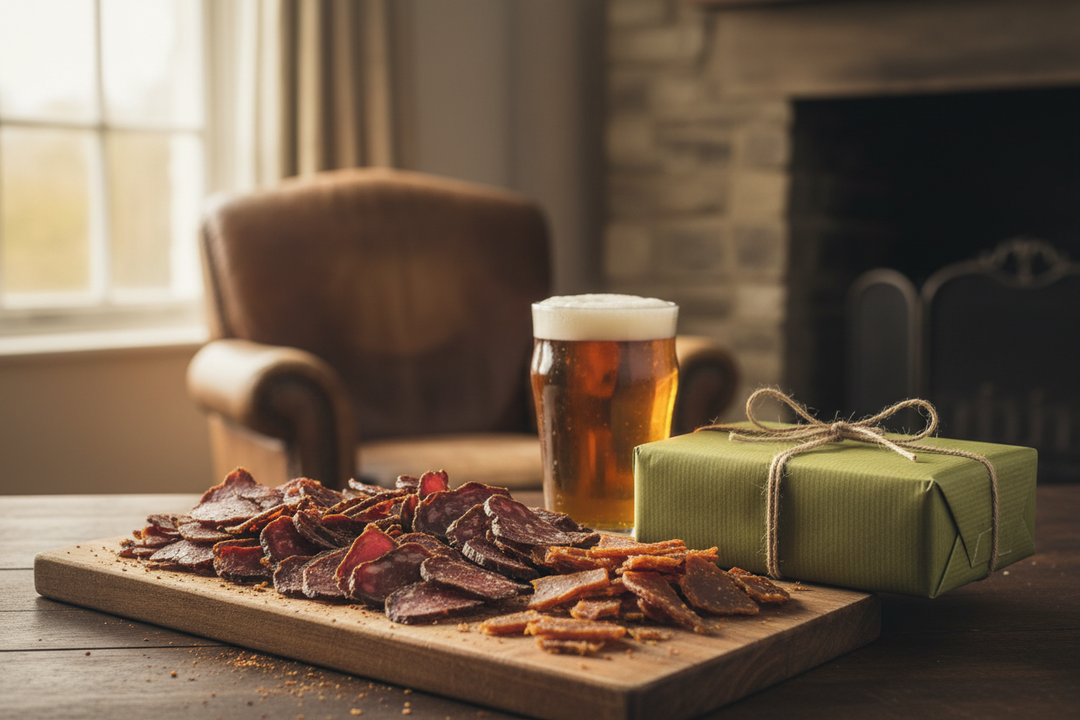 Strips of home-dried beef jerky and biltong on a wooden board with whole coriander seeds and black peppercorns scattered around.