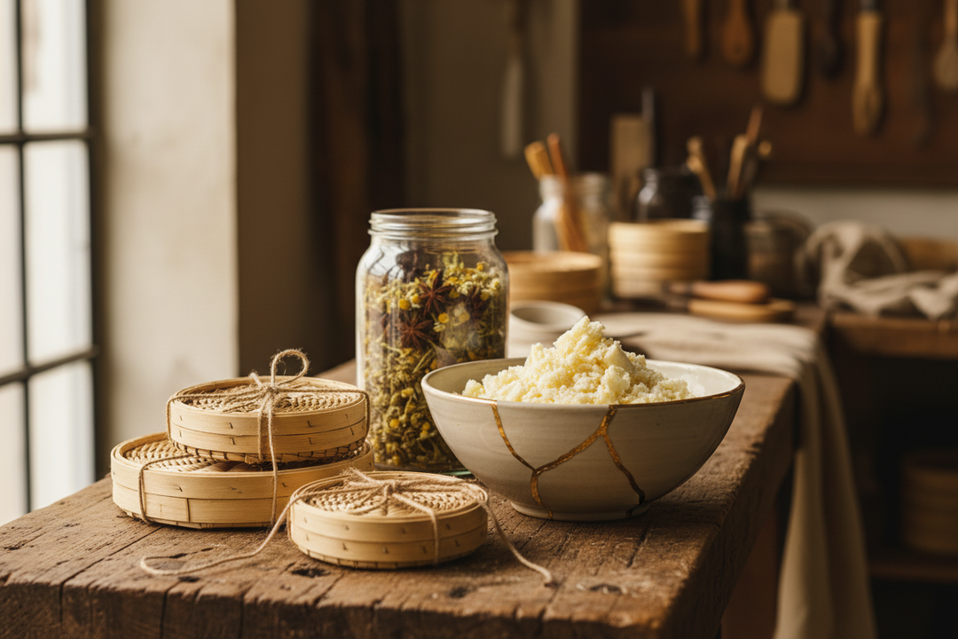 A workbench laid with craft and food making materials, jars, tools and brown paper packages in warm light.