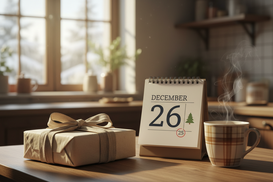 Brown paper wrapped presents with string and a gift tag on a rustic wooden table beside pine sprigs and a glass of gin.