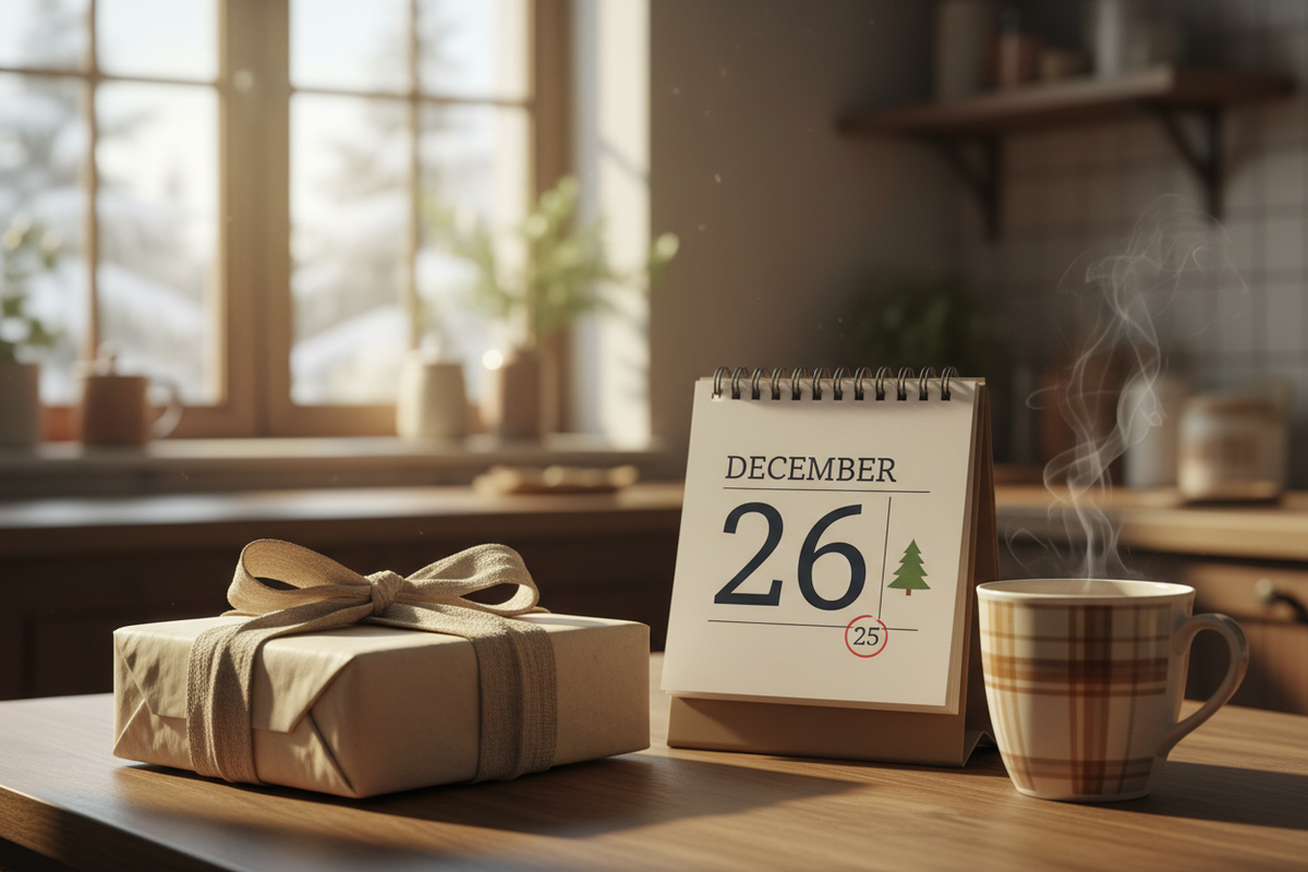 Brown paper wrapped presents with string and a gift tag on a rustic wooden table beside pine sprigs and a glass of gin.