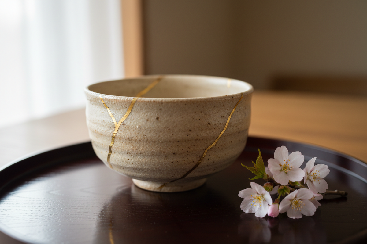 An old ceramic tea bowl repaired with fine golden seams resting on a dark wooden surface in soft daylight.