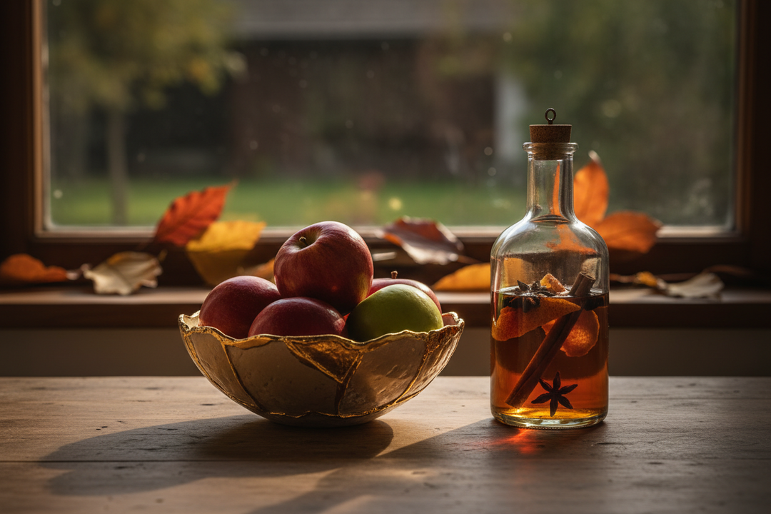 A kintsugi-repaired bowl with golden seams and a bottle of homemade spiced rum on a wooden table in low autumn light.