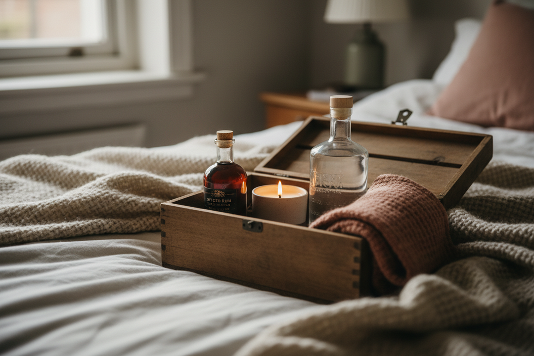 A wooden crate Christmas Eve box holding folded socks, a candle, a jar of spices and a bottle, on a table beside fir sprigs.