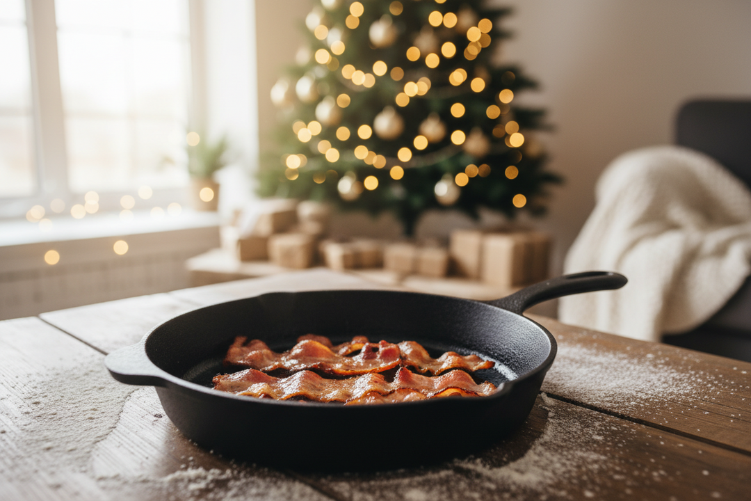 Rashers of home dry-cured streaky bacon on a wooden board beside a sharp knife in a farmhouse kitchen.
