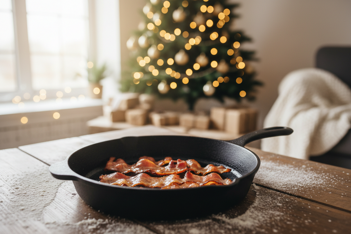 Rashers of home dry-cured streaky bacon on a wooden board beside a sharp knife in a farmhouse kitchen.