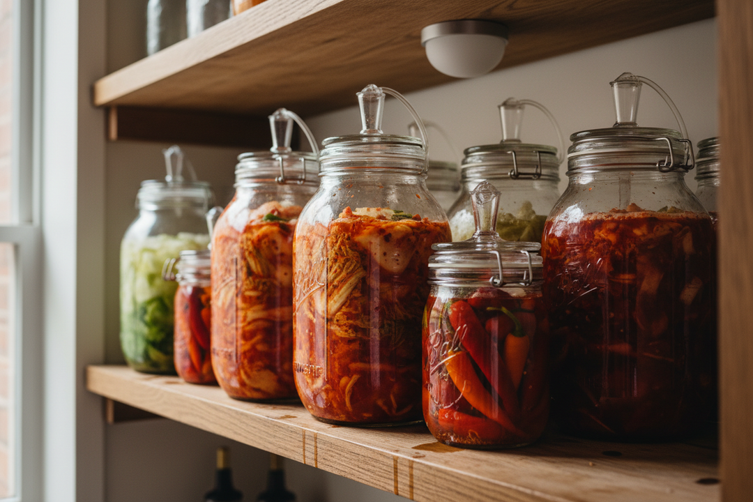 Jars of bright red kimchi and bottles of chilli sauce on a wooden table with cabbage, garlic and dried chillies alongside.