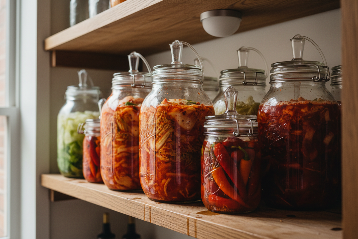 Jars of bright red kimchi and bottles of chilli sauce on a wooden table with cabbage, garlic and dried chillies alongside.