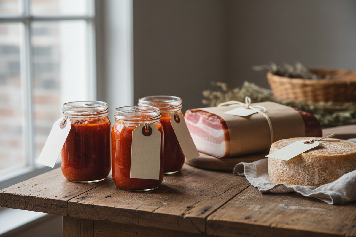Jars of chilli sauce, a jar of kimchi and a slab of home-cured bacon arranged with kraft labels and string on a rustic table.