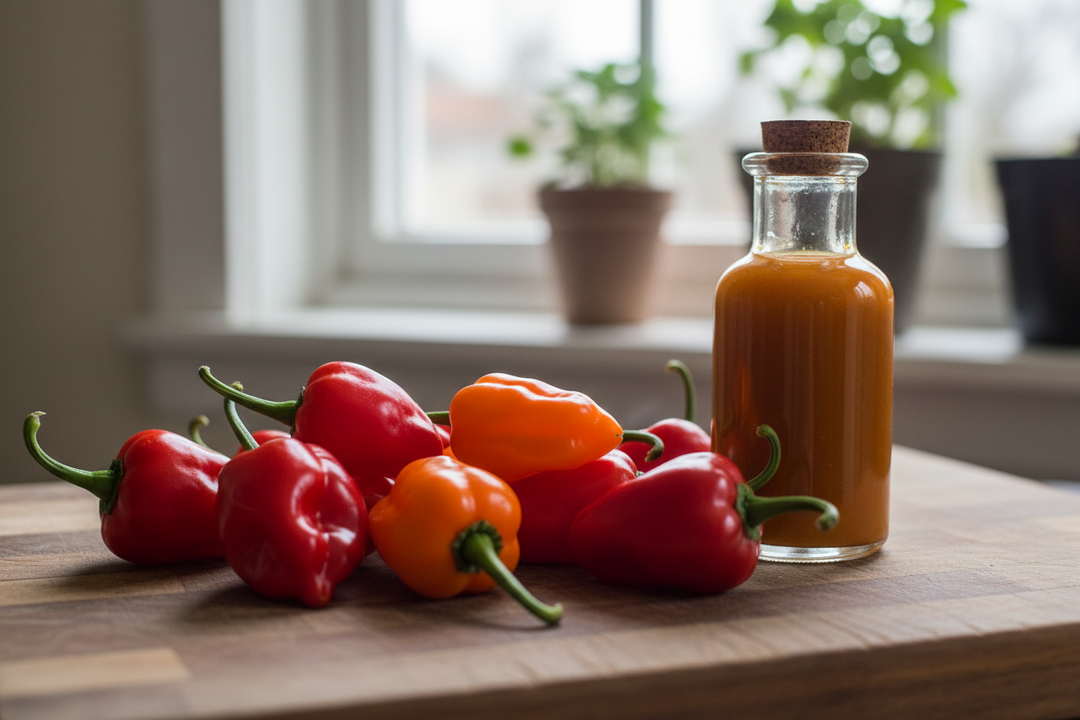 Freshly picked red and green chillies beside bottles of homemade hot sauce on a rustic wooden table.