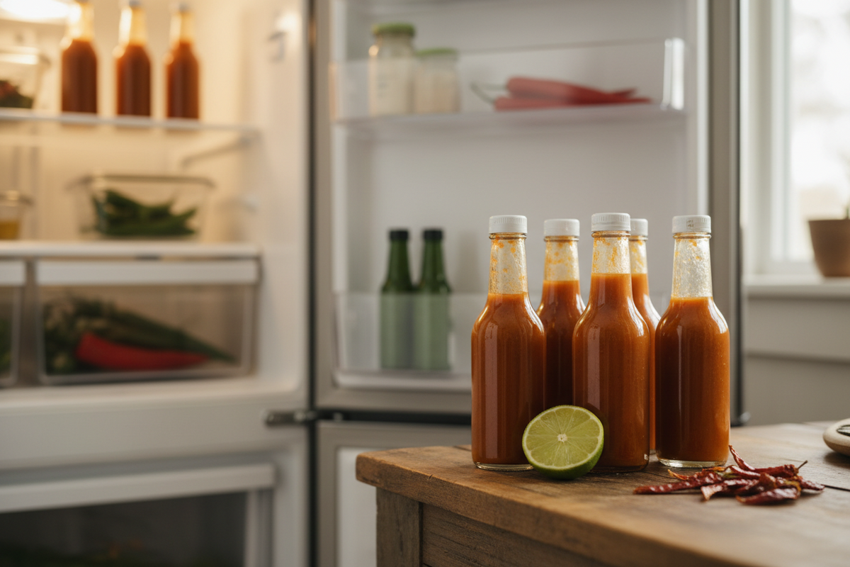 Several bottles of homemade chilli sauce with handwritten kraft tags lined up on a wooden kitchen shelf.