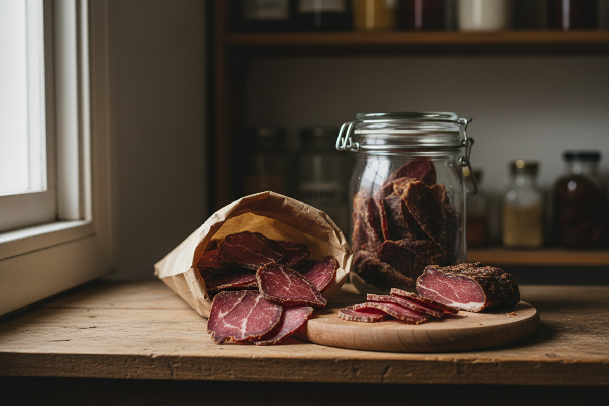 Strips of dark homemade biltong in an open glass storage jar on a wooden board with coriander seeds and cracked black pepper.