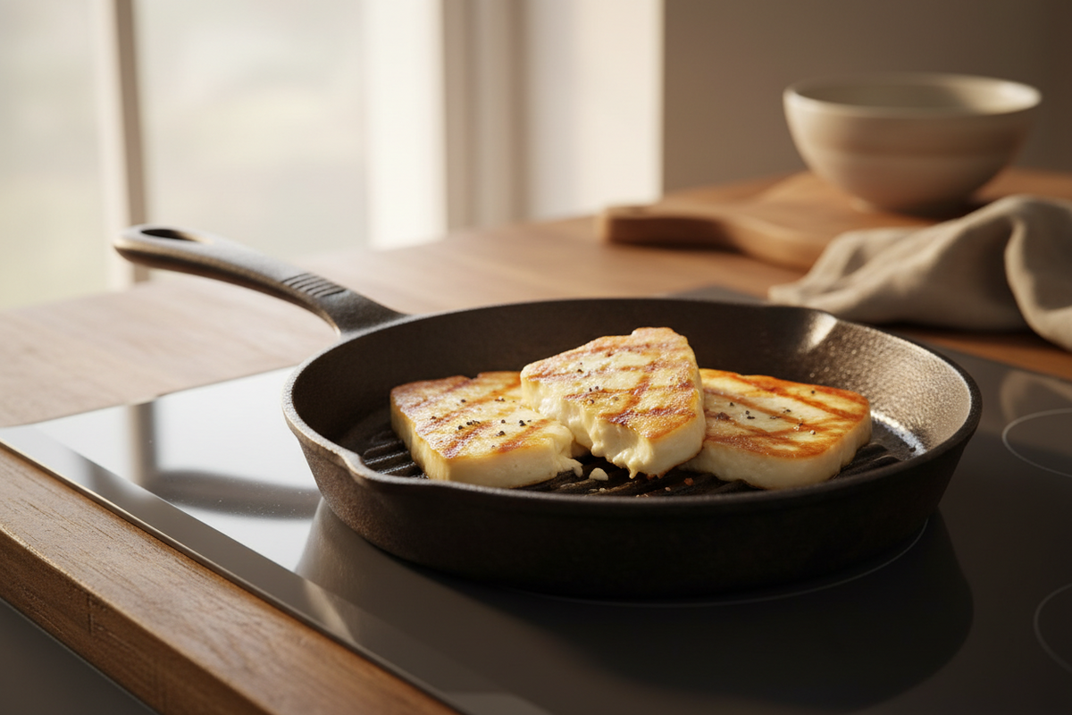 Slices of freshly made halloumi draining in cheesecloth beside a pressed block on a wooden board in a farmhouse kitchen.