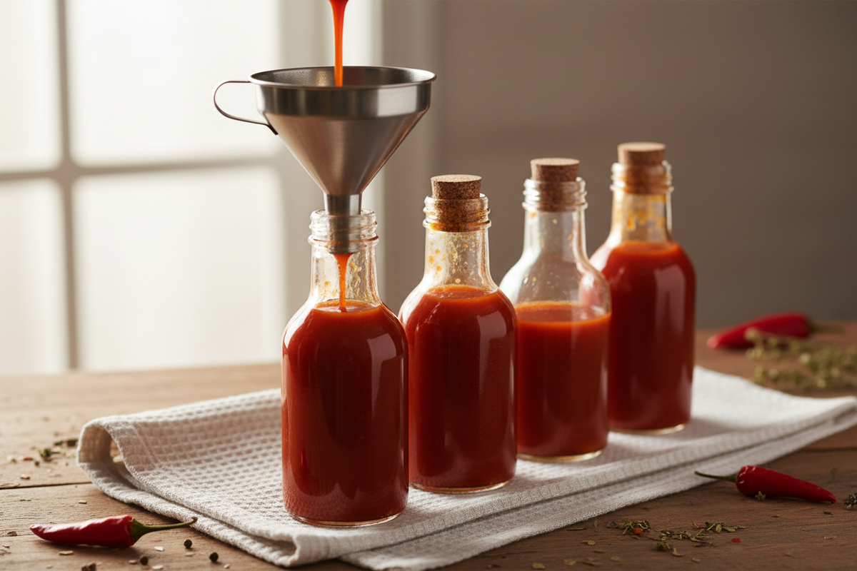 Small glass bottles of homemade red chilli sauce with kraft labels and string, waiting to be filled on a wooden table.