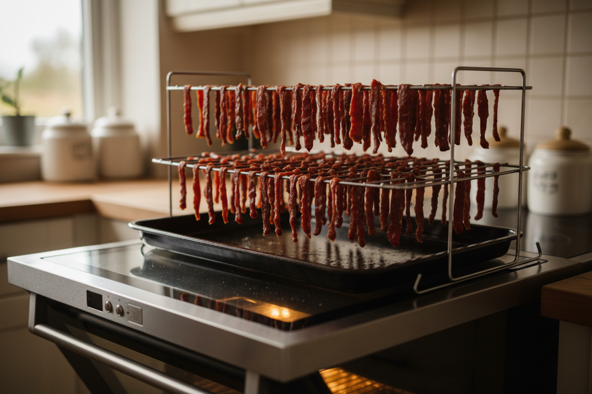 Thin strips of seasoned beef jerky cooling on a wire rack beside a chopping board and a sharp knife.