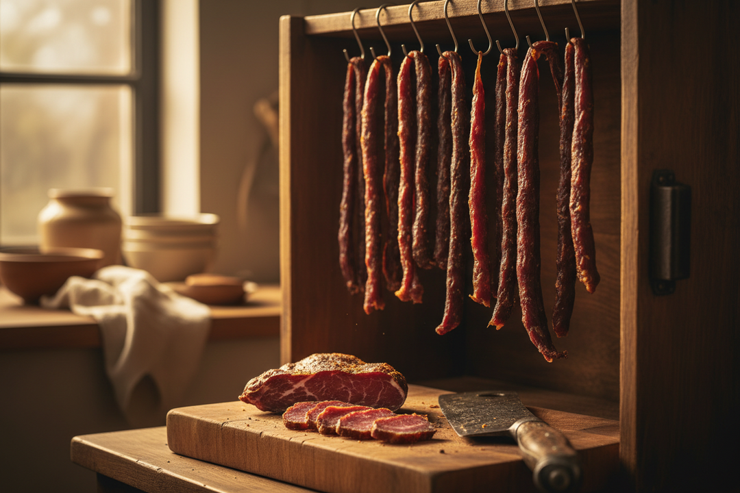 Strips of spiced biltong hanging to dry above a tray, with coriander seeds and cracked pepper on a wooden board below.