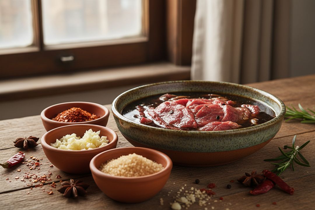 Thin strips of seasoned beef resting in a marinade dish beside bowls of spices on a rustic wooden table.