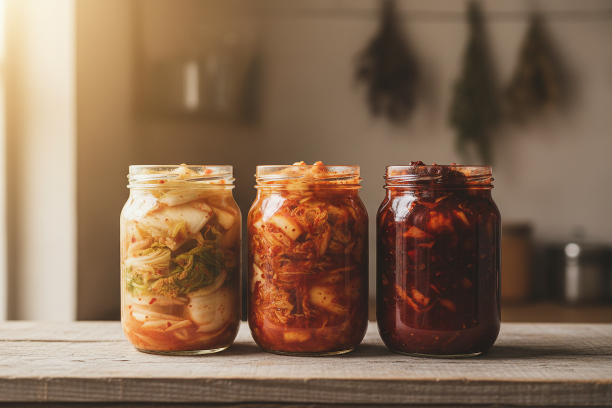 Freshly mixed kimchi in a glass jar beside chopped Chinese leaf cabbage, garlic and red chilli powder on a wooden table.