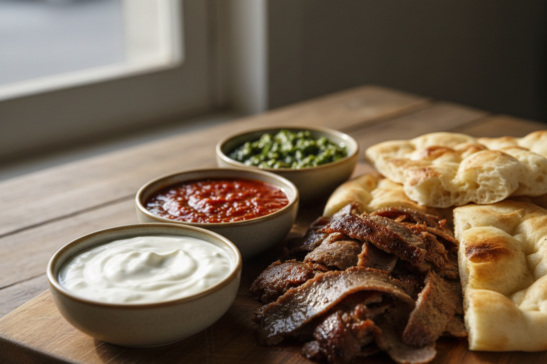 Three small bowls of kebab sauces, white garlic, red chilli and mint yoghurt, beside sliced doner meat and flatbread.