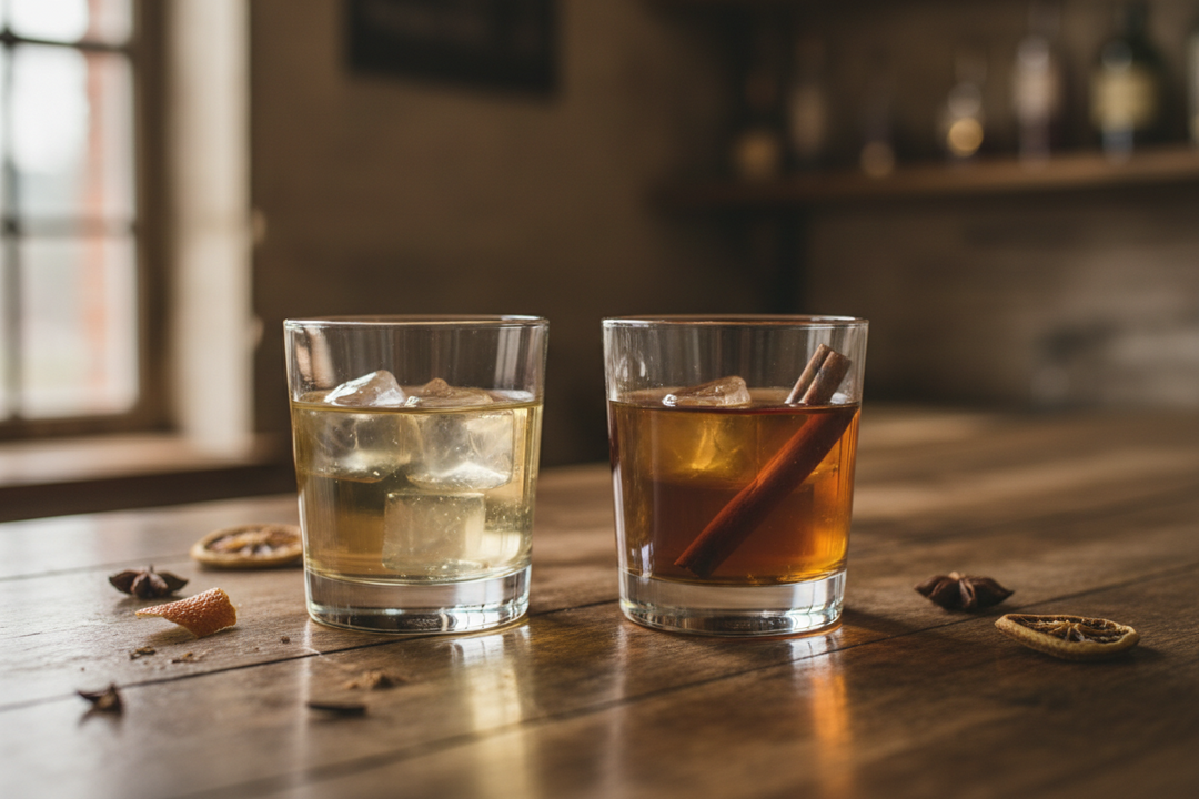 A bottle of dark spiced rum beside a jar of steeping spices, cinnamon sticks and star anise on a wooden table.