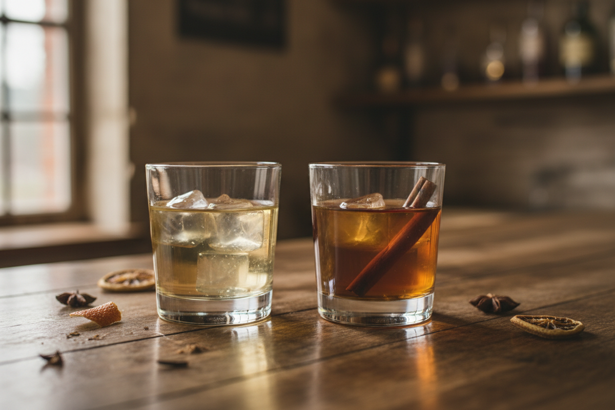 A bottle of dark spiced rum beside a jar of steeping spices, cinnamon sticks and star anise on a wooden table.