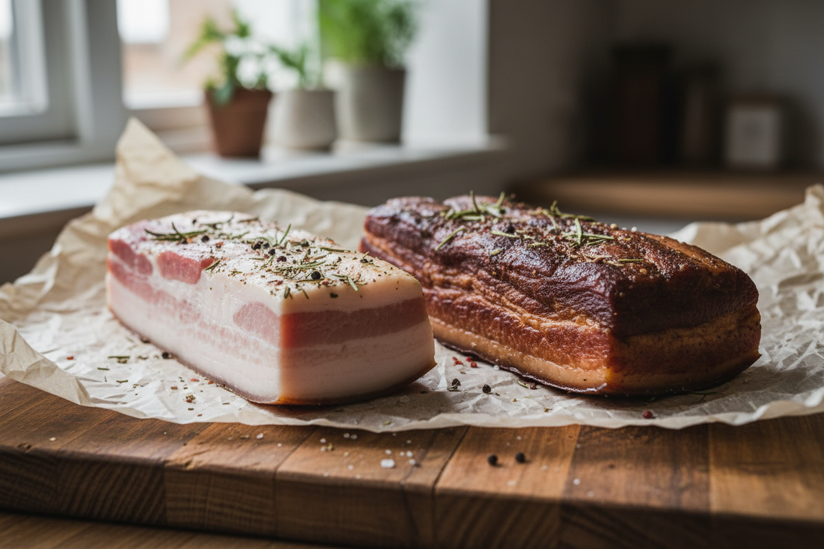 A slab of home cured pork belly on a wooden board beside thin cut rashers and a small bowl of curing salt.