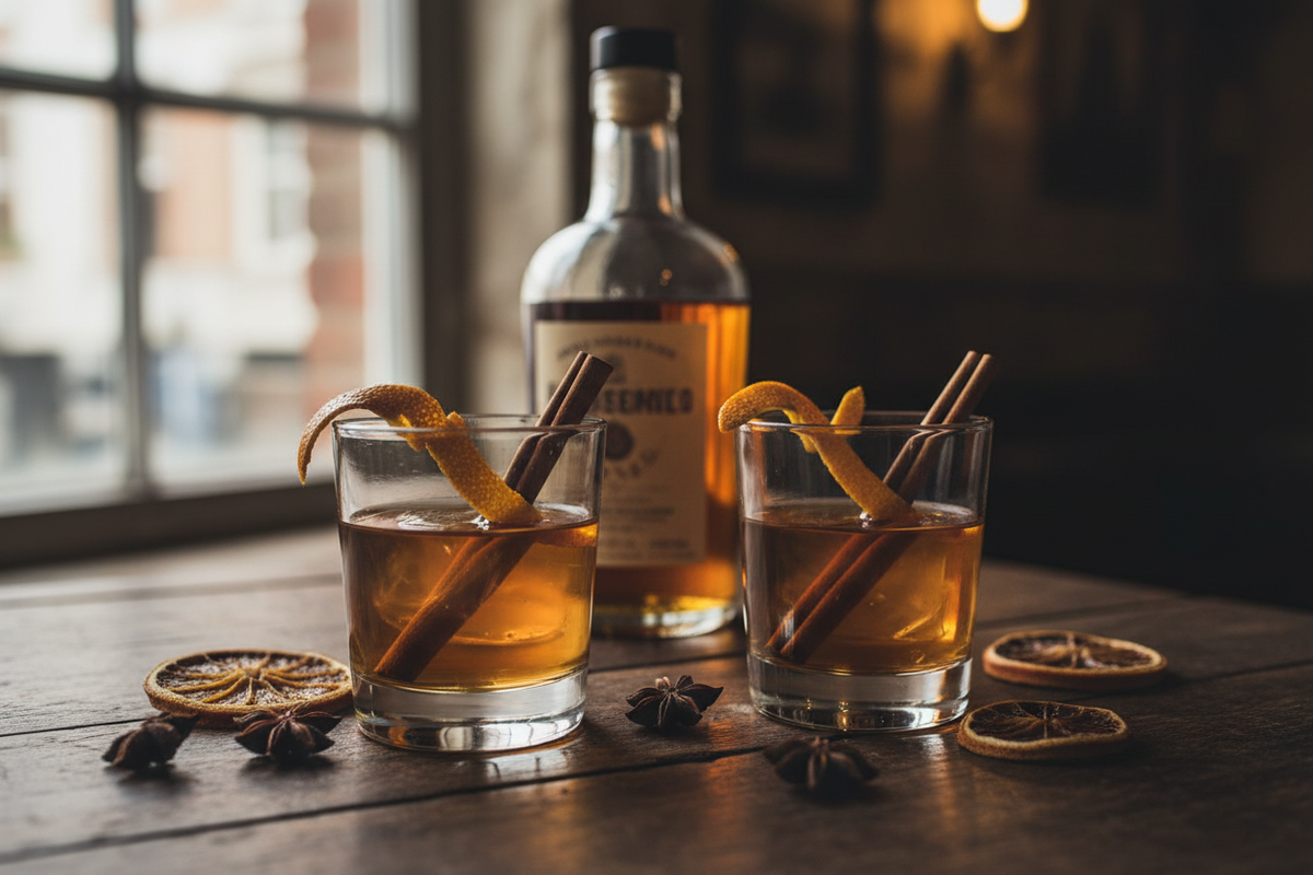 A tall glass of spiced rum and ginger beer over ice with a lime wedge, beside a bottle of homemade spiced rum.