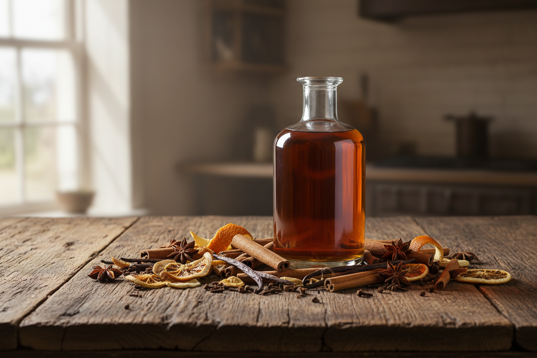 A jar of dark rum infusing with cinnamon bark, star anise, cloves and strips of orange peel on a farmhouse kitchen table.