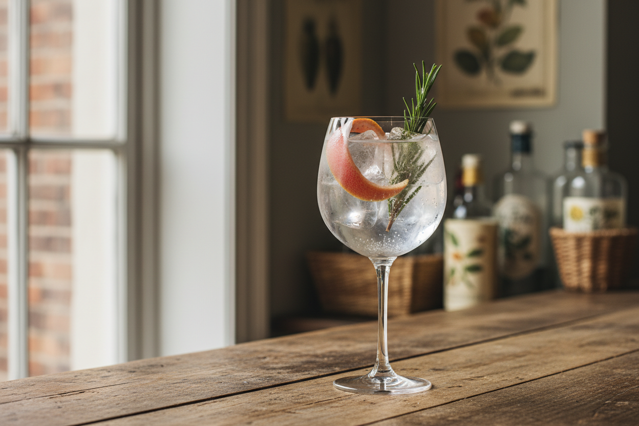 A gin and tonic in a copa glass filled with ice, lemon peel and juniper berries on a wooden table.