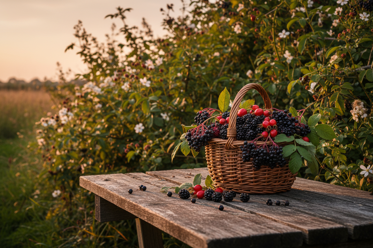 Basket of foraged blackberries, elderberries and sloes on a rustic wooden table beside a hedgerow.