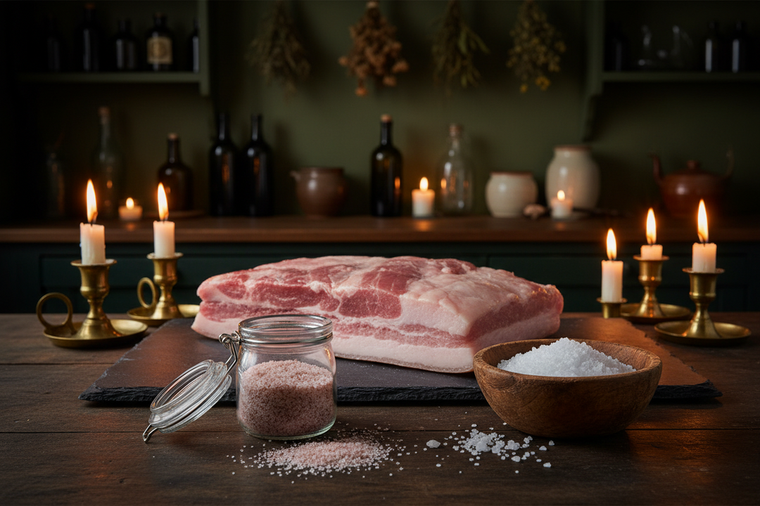 A small open tub of pink curing salt beside a bowl of coarse sea salt on a slate surface.