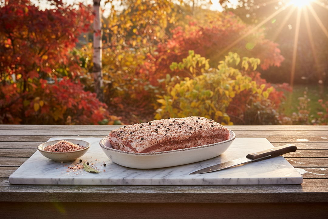 A piece of pork belly coated in dry curing salt resting in a dish on a marble worktop.