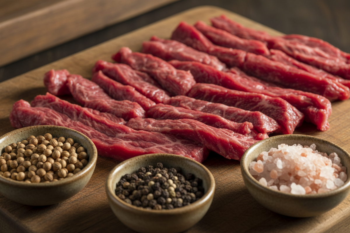 Lean raw beef sliced into thin strips on a board beside bowls of coriander seed, cracked pepper and coarse salt.