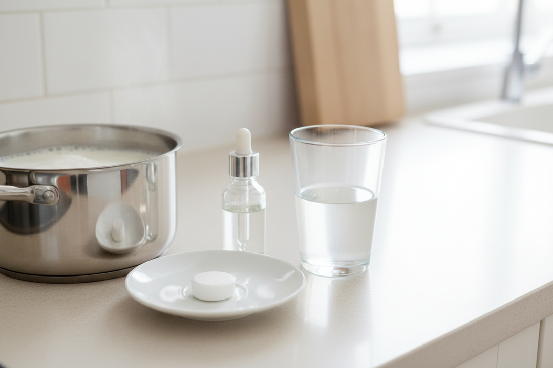 A rennet tablet on a saucer next to a small dropper bottle and a glass of cool water on a kitchen worktop beside a pan of milk.