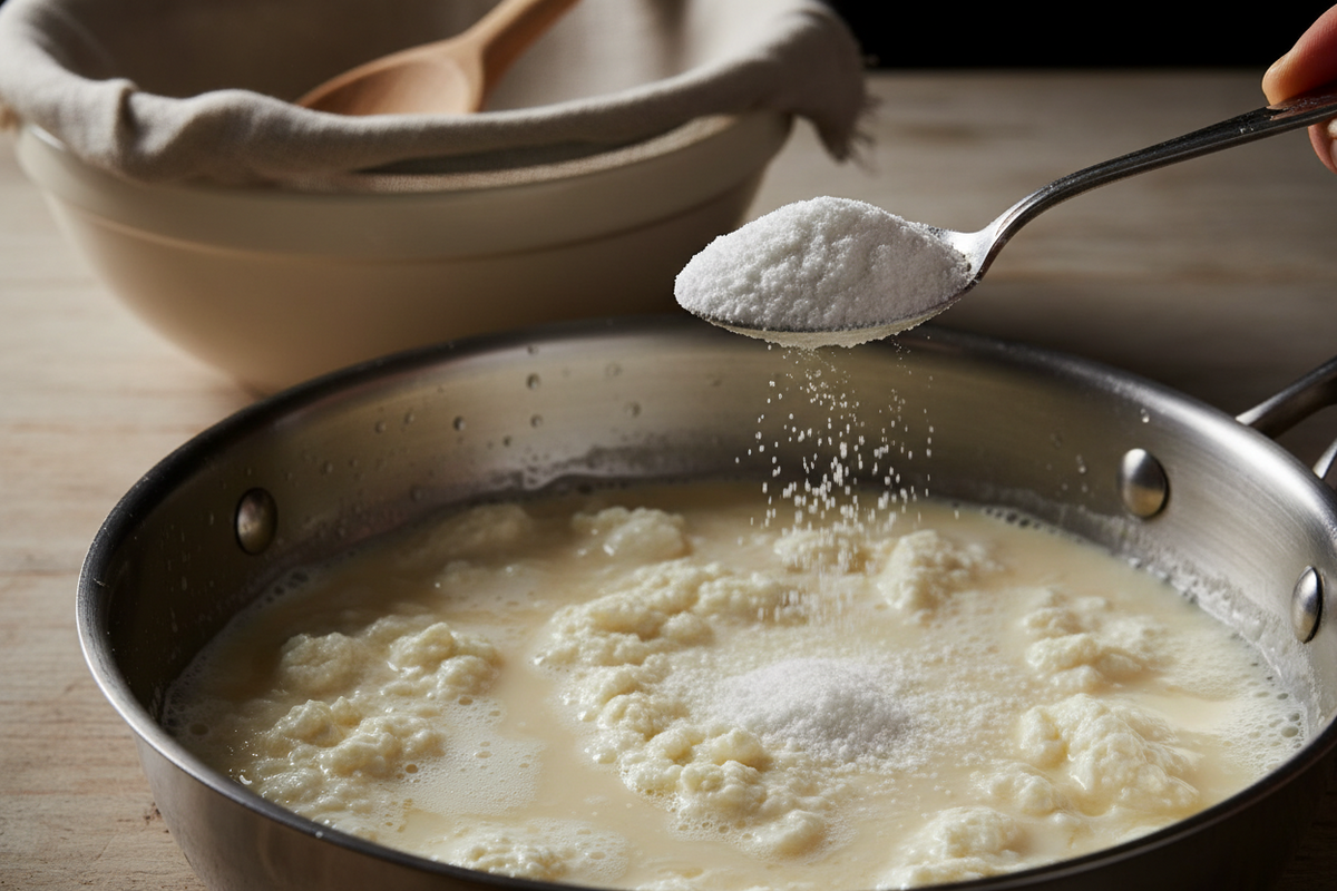 A spoonful of white citric acid powder beside a pan of warm milk breaking into soft ricotta curds, with a cloth-lined sieve waiting alongside.