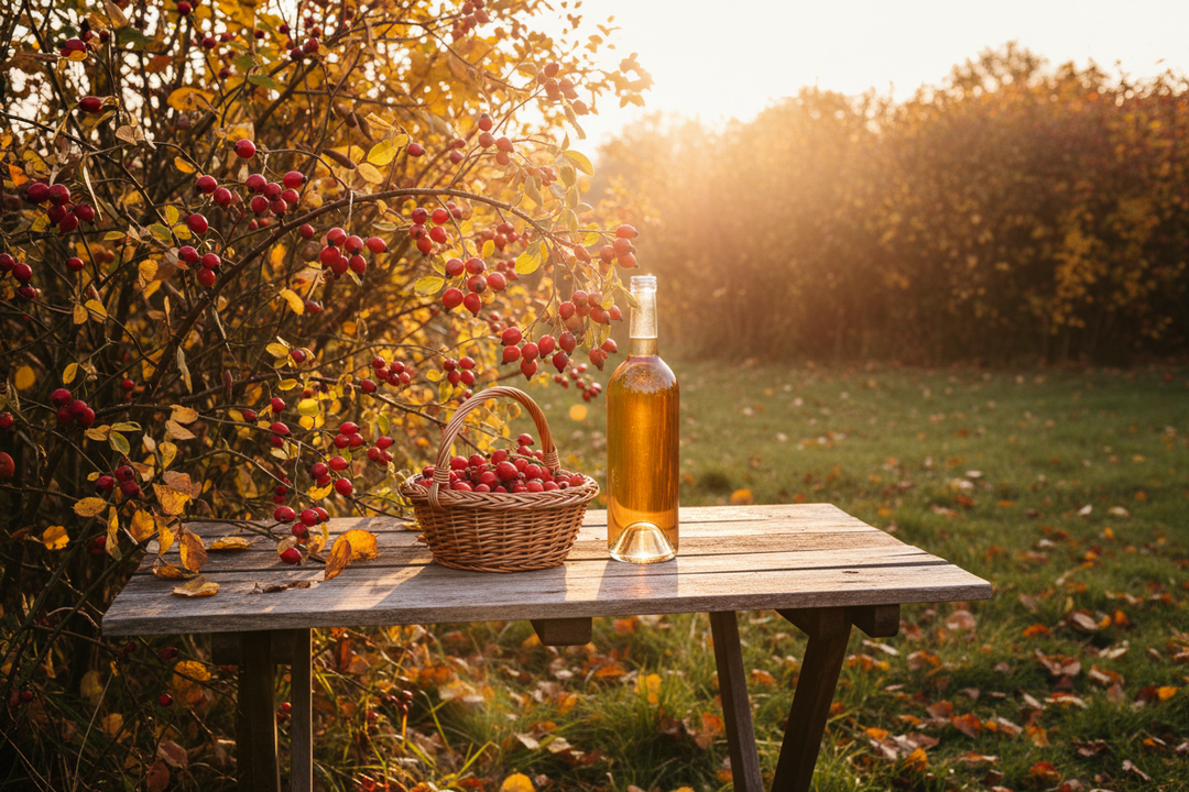Bright red rosehips on a wild rose in a hedgerow with a basket of picked hips and a bottle of pale amber wine below.