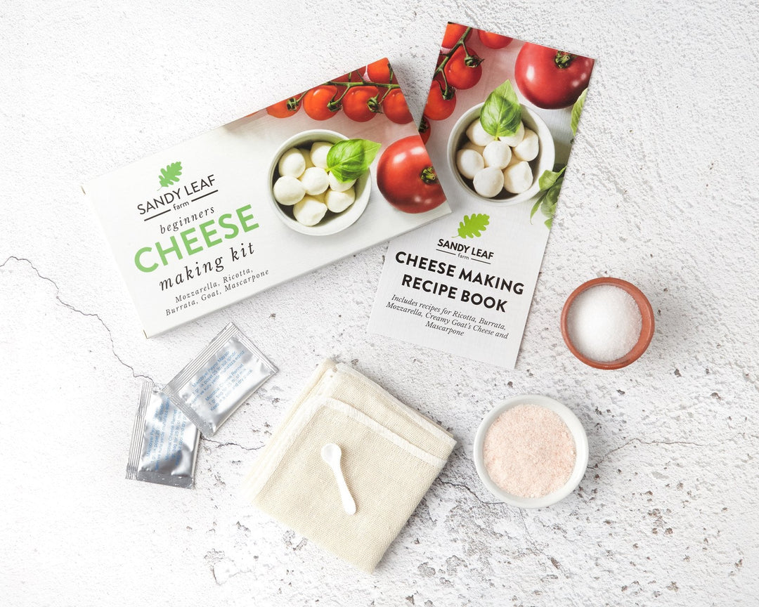 Cheese making equipment for beginners laid out in a home kitchen with pan, cheesecloth and colander