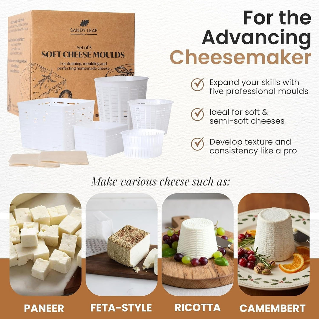 Reusable cheese moulds and cloth set for pressing homemade cheese