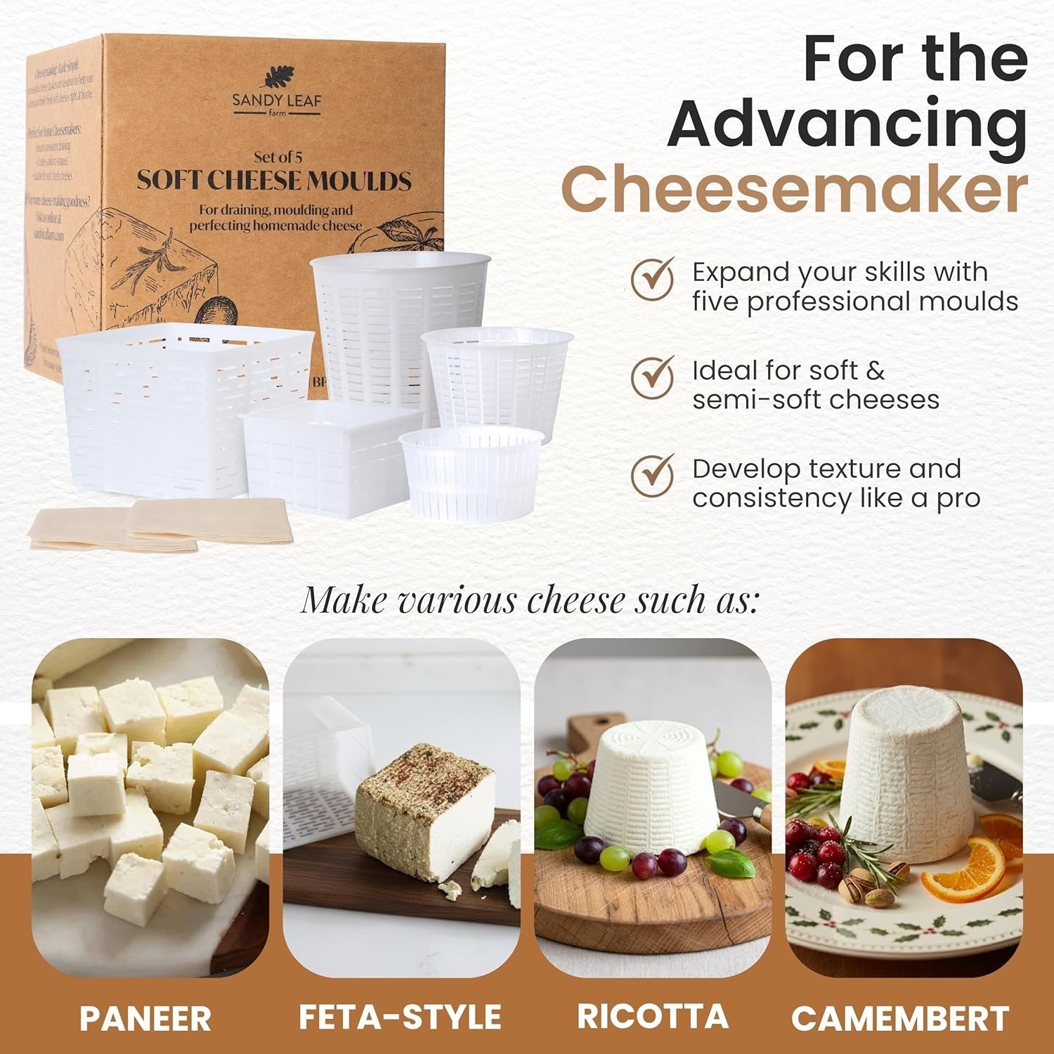 Reusable cheese moulds and cloth set for pressing homemade cheese