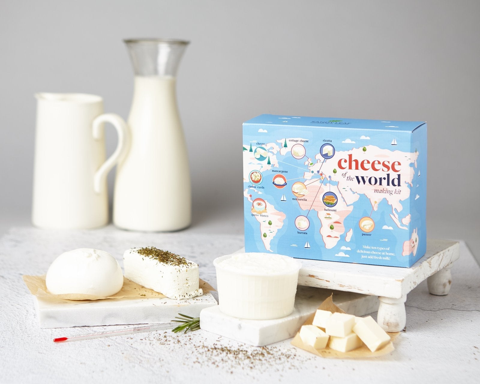 Foodie gifts on a kitchen table: make-your-own kimchi, chilli sauce, cheese and bacon kits from Sandy Leaf Farm