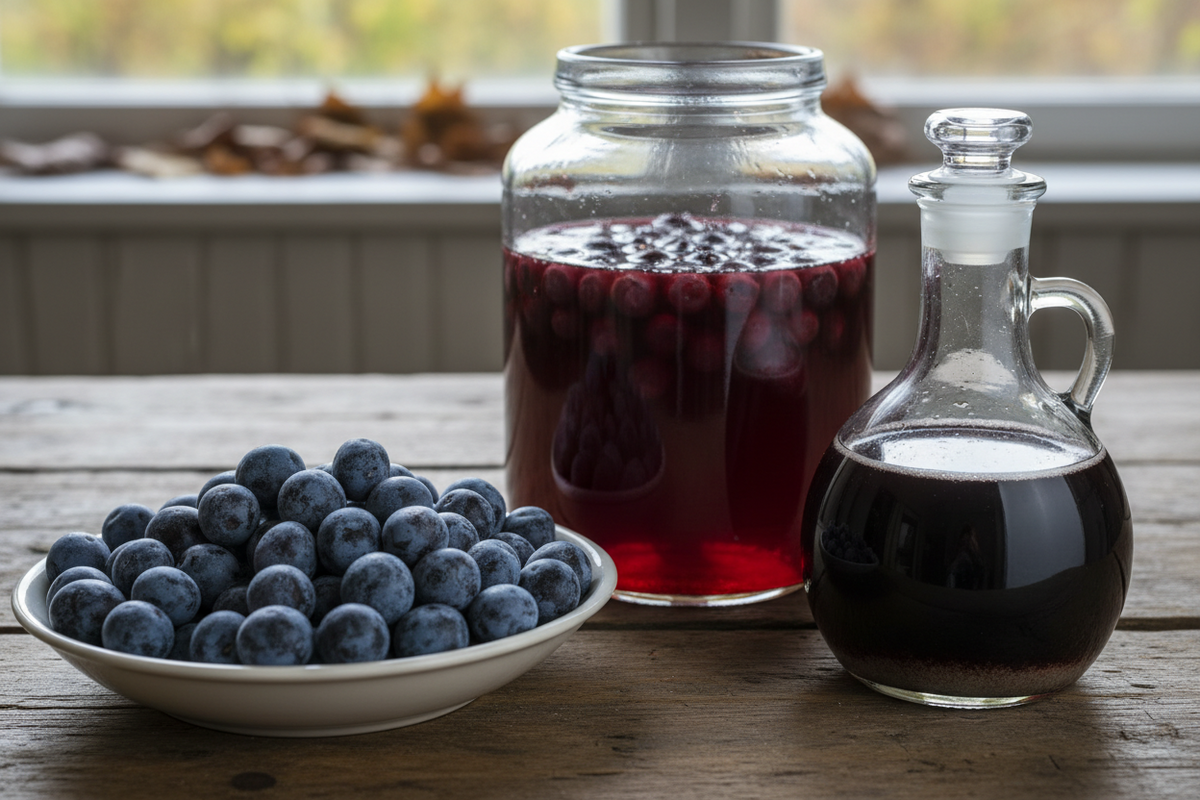A bowl of frosted blue-black sloes beside a jar of deep red steeping liqueur and a demijohn of dark fermenting wine.